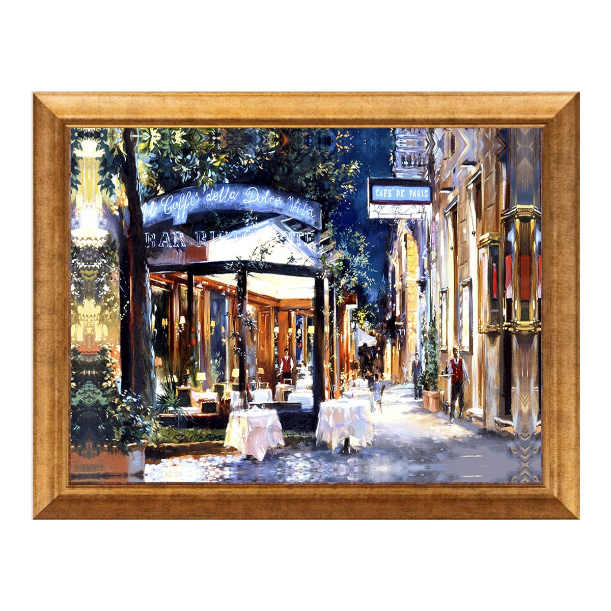 Altın çerçeveli gece ışıklarında Paris sokak kafe ve restoran manzaralı tablo ls-093 - Çamlıca Home