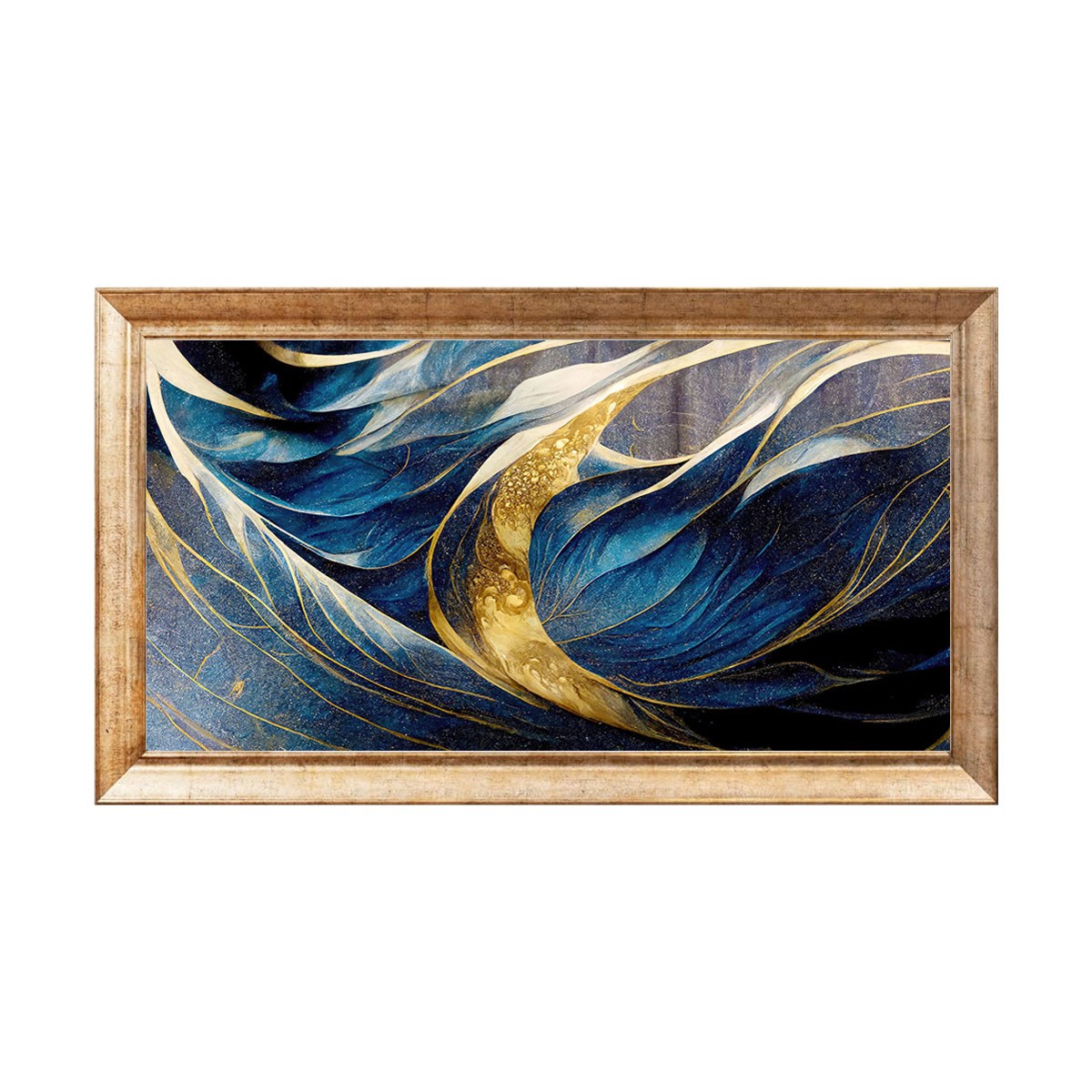 Eskitme çerçeveli gece mavisi ve altın simli dalga desenli soyut tablo ab-1177 - Çamlıca Home