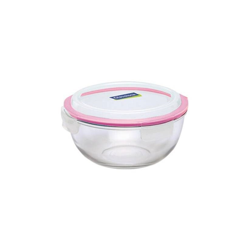 Glasslock yuvarlak cam saklama kabı 1000 ml. Temperli cam gövde ve pembe sızdırmaz contalı kilitli kapak.