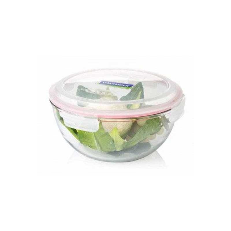 Glasslock Kare Cam Saklama Kabı (900/1200 ml) - Masa Üstünde Taze Salata İçeren Kilitli Kapaklı Servis Görünümü