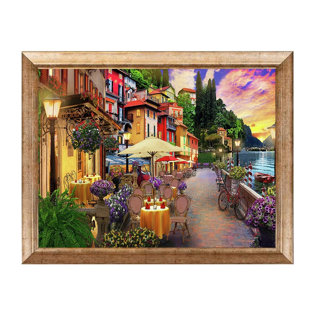 Eskitme çerçeveli İtalyan sahil restoranı ve göl manzaralı tablo ls-1849 - Çamlıca Home