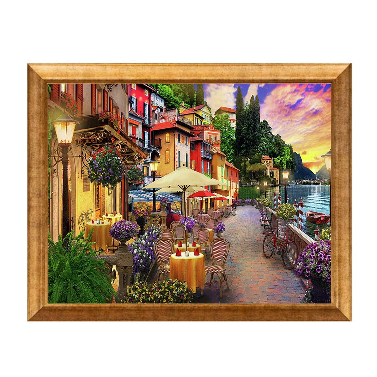 Altın çerçeveli İtalyan sahil restoranı ve göl manzaralı tablo ls-1849 - Çamlıca Home