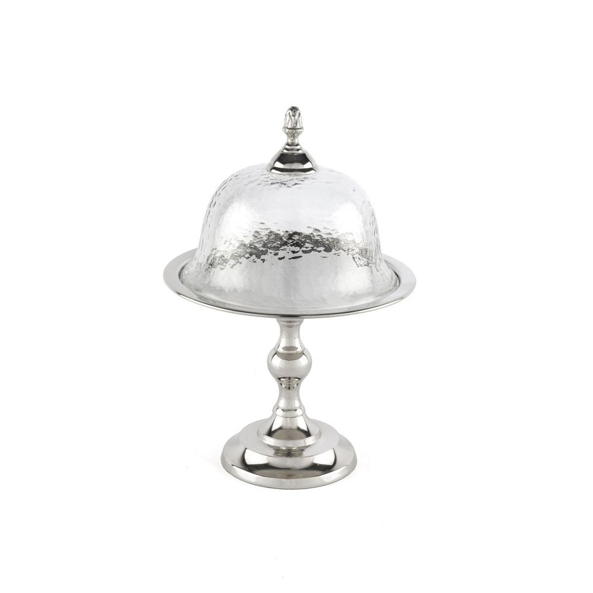 Çamlıca Home gümüş çekiç cam fanuslu ayaklı metal kek standı 20x31 cm