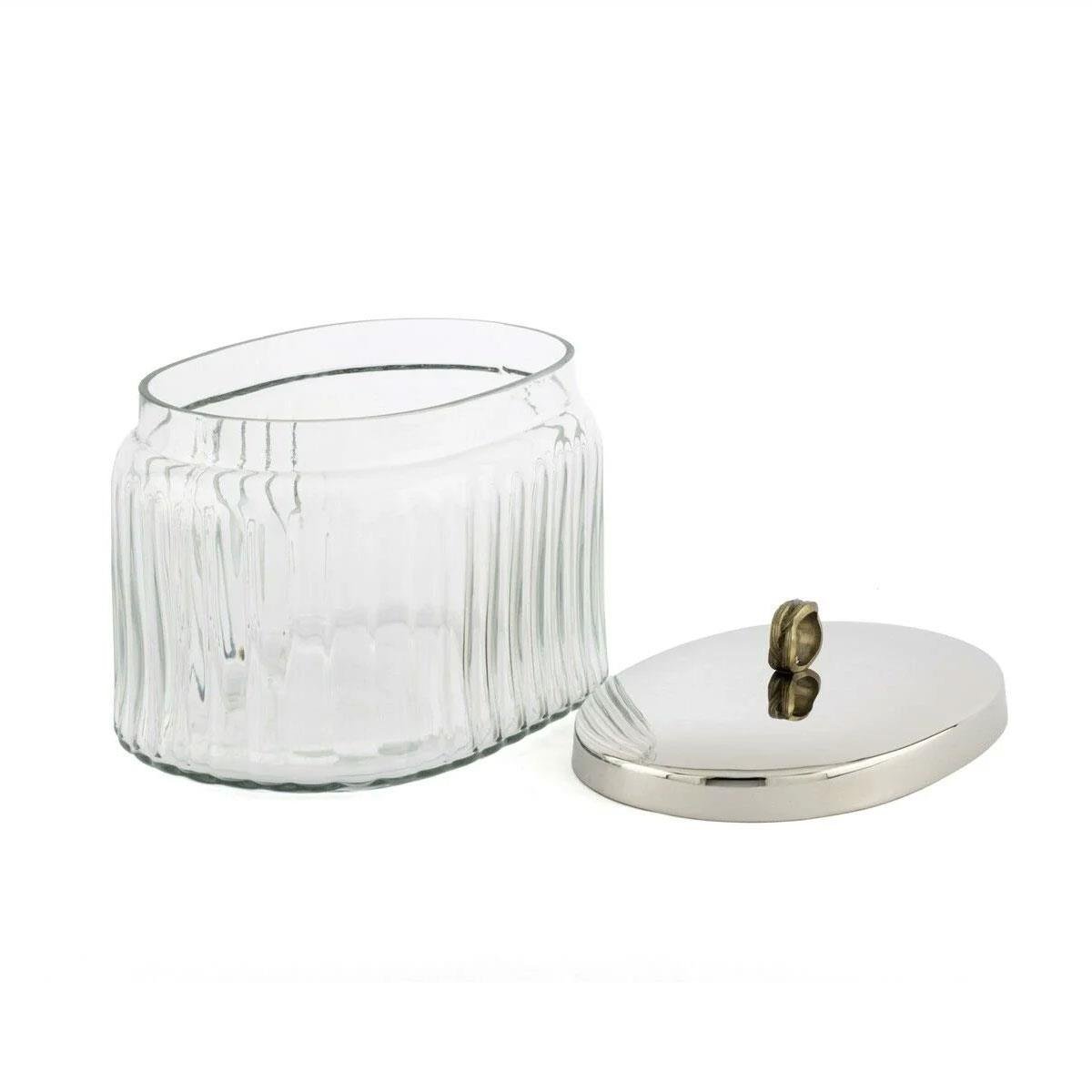 Gümüş Kapaklı Oval Fitilli Cam Kavanoz 19x13x16 cm Açık Hali - Halka Kulplu Detay