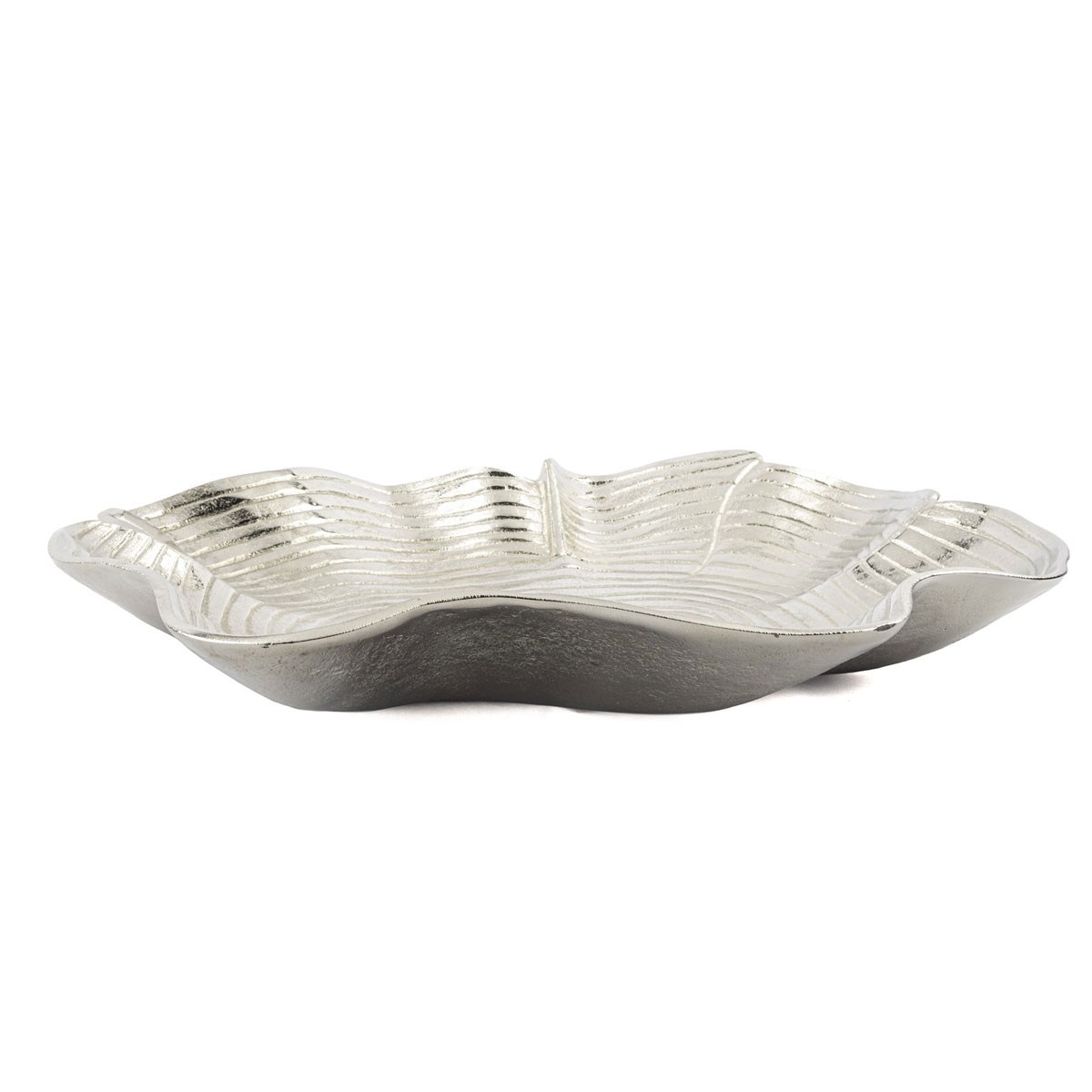 Çamlıca Home parlak gümüş renk amorf ağaç halkası kesiti dokulu döküm metal büyük boy dekoratif meyvelik kase ve gondol tabak yan profil detay çekimi 50x44x8 cm