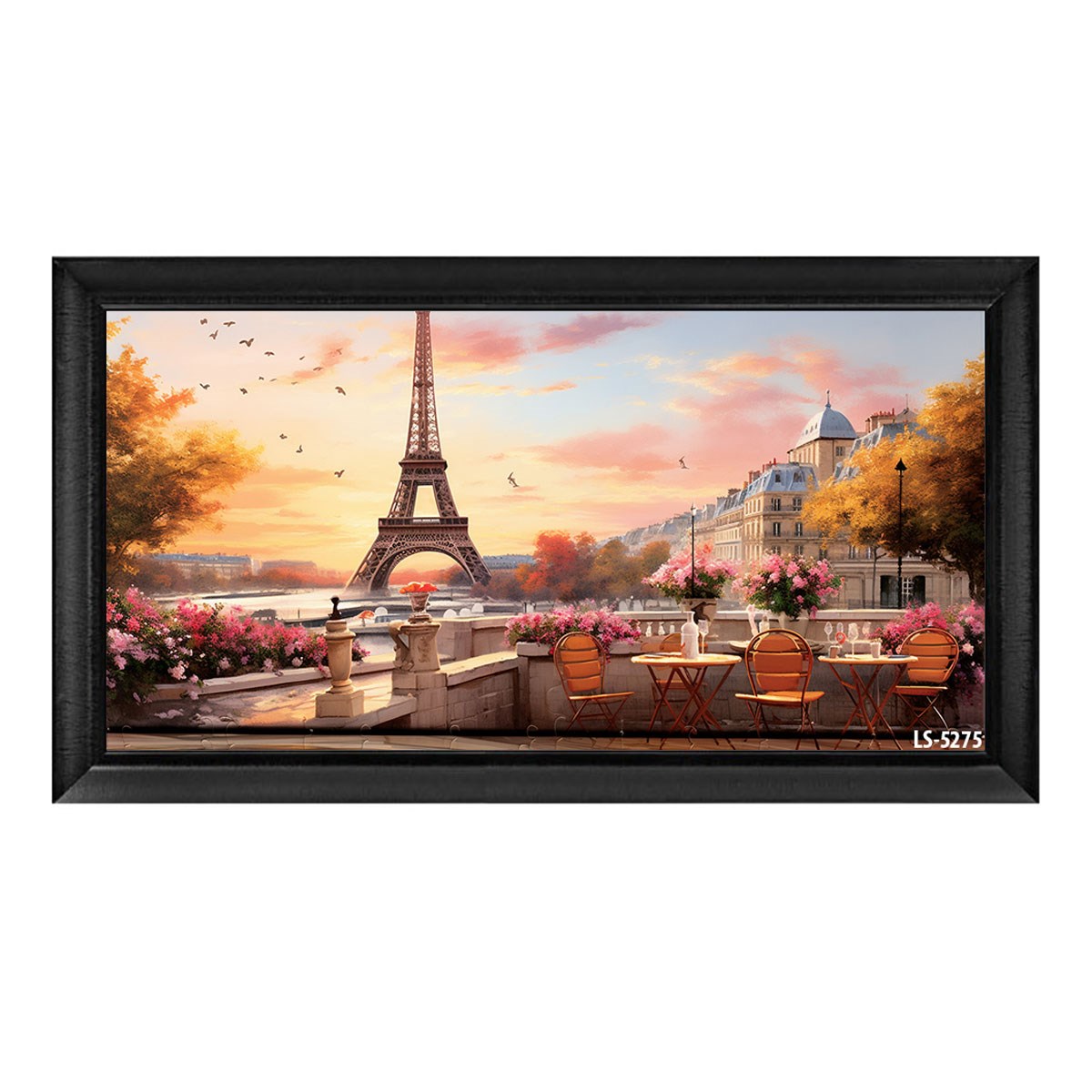 Siyah çerçeveli gün batımı Paris teras kafe ve Eyfel Kulesi tablosu ls-5275 - Çamlıca Home