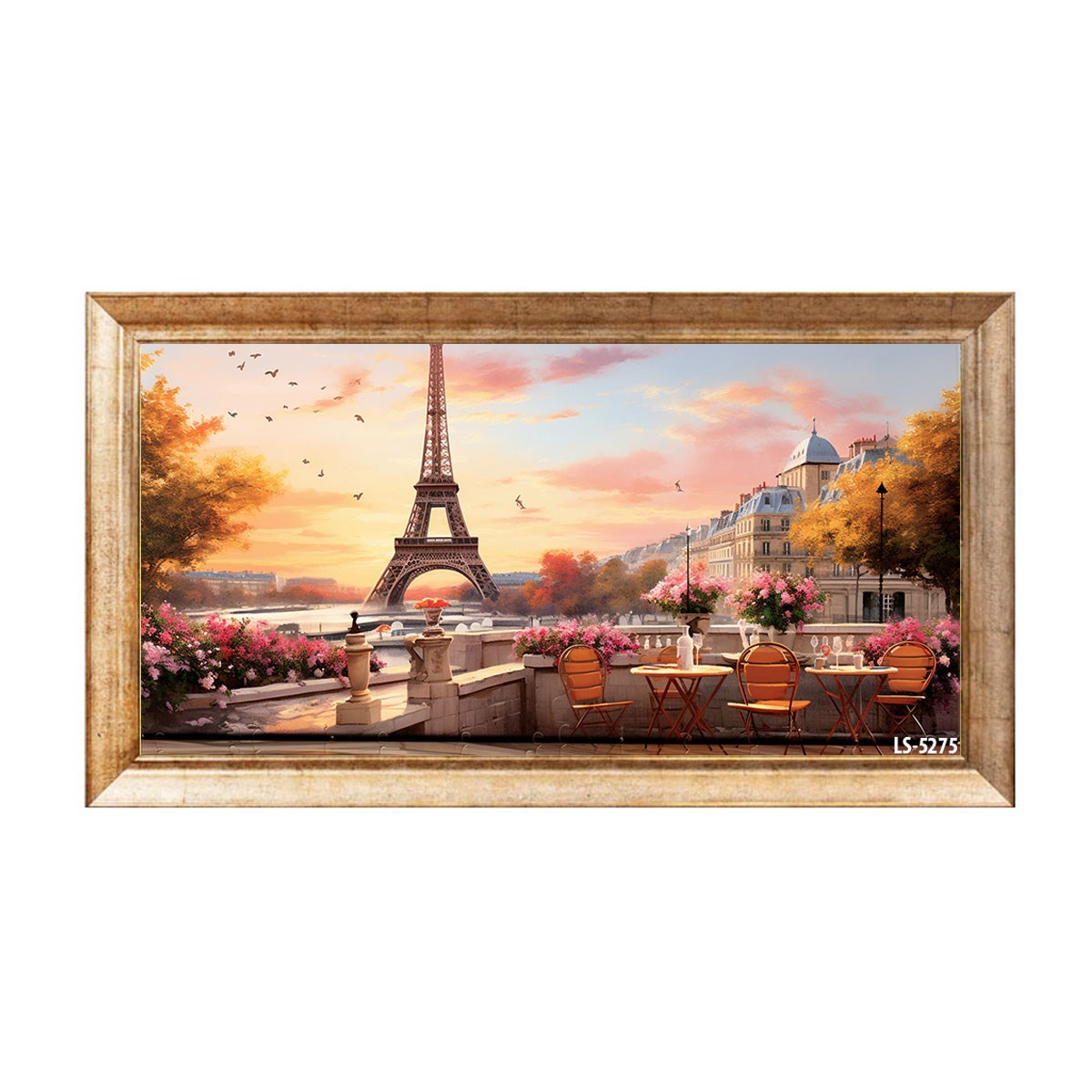 Eskitme çerçeveli gün batımı Paris teras kafe ve Eyfel Kulesi tablosu ls-5275 - Çamlıca Home
