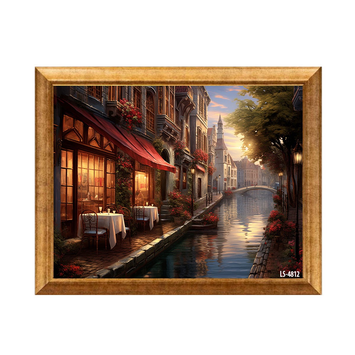 Altın çerçeveli su kanalı kıyısında tarihi kafe ve Avrupa şehri manzaralı tablo ls-4812 - Çamlıca Home