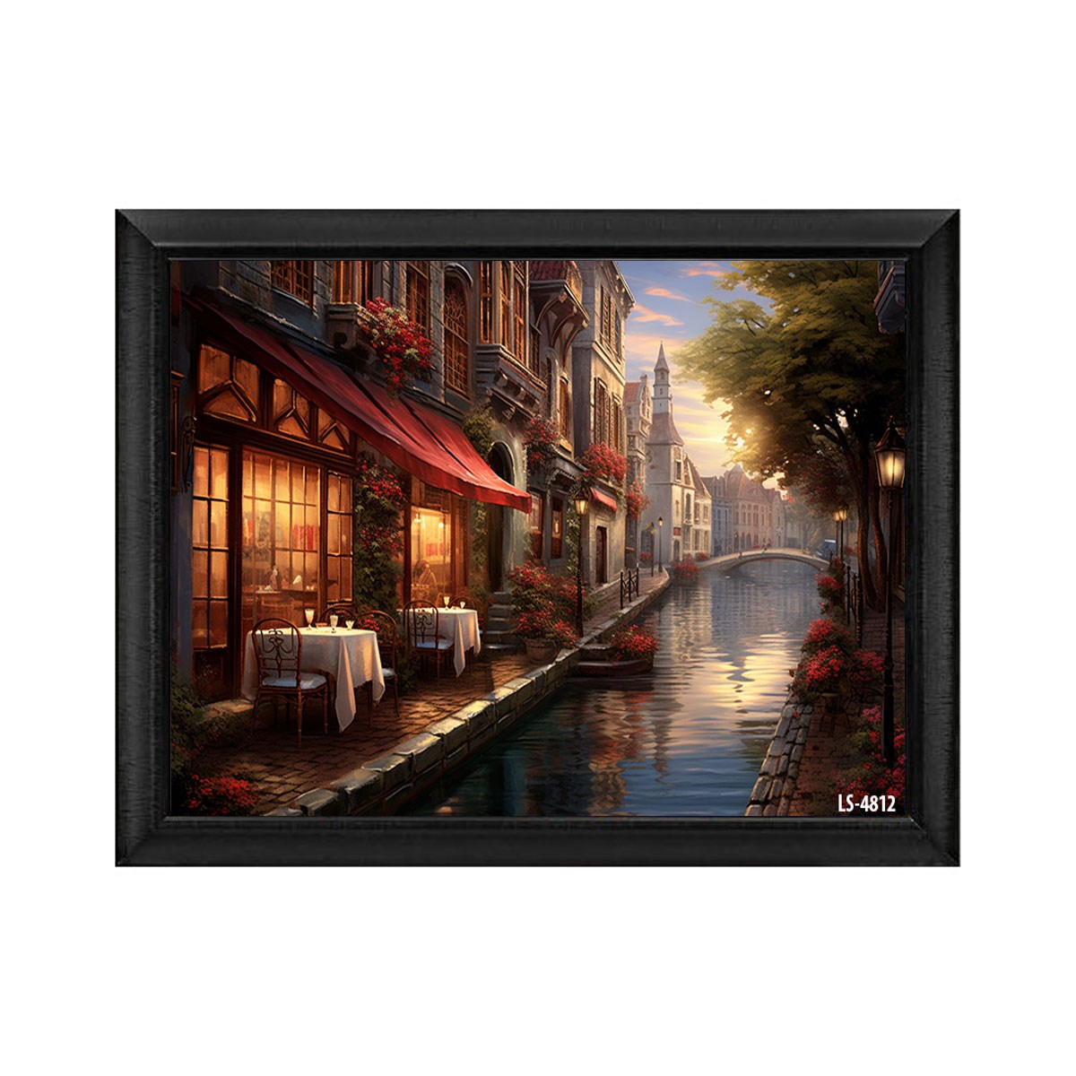 Siyah çerçeveli su kanalı kıyısında tarihi kafe ve Avrupa şehri manzaralı tablo ls-4812 - Çamlıca Home
