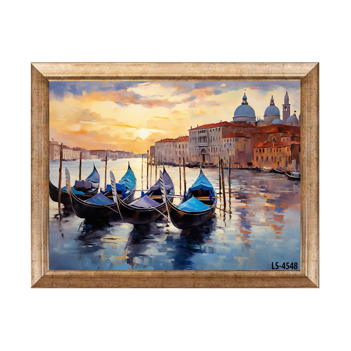 Eskitme çerçeveli gün batımı Venedik kanalı ve gondollar manzaralı tablo ls-4548 - Çamlıca Home