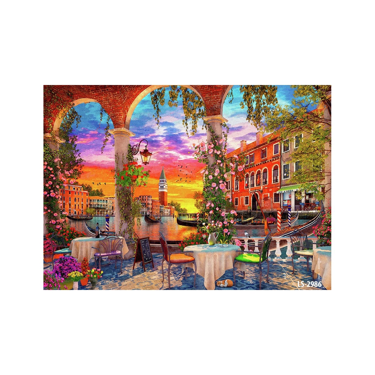 Gün batımında Venedik kemerli teras kafe çiçekler su kanalı ve gondollar manzaralı tablo ls-2986 - Çamlıca Home