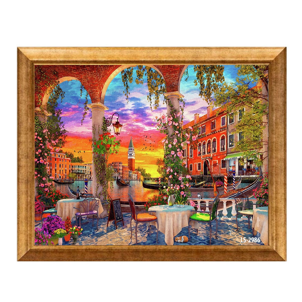 Altın çerçeveli gün batımı Venedik teras kafe ve kanal manzaralı tablo ls-2986 - Çamlıca Home