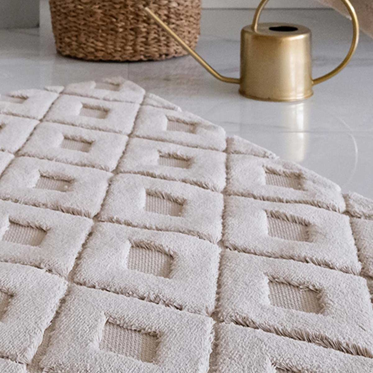 HCW Gate bej paspas seti yakın çekim pamuklu doku ve geometrik kabartma baklava desen detayları - Çamlıca Home