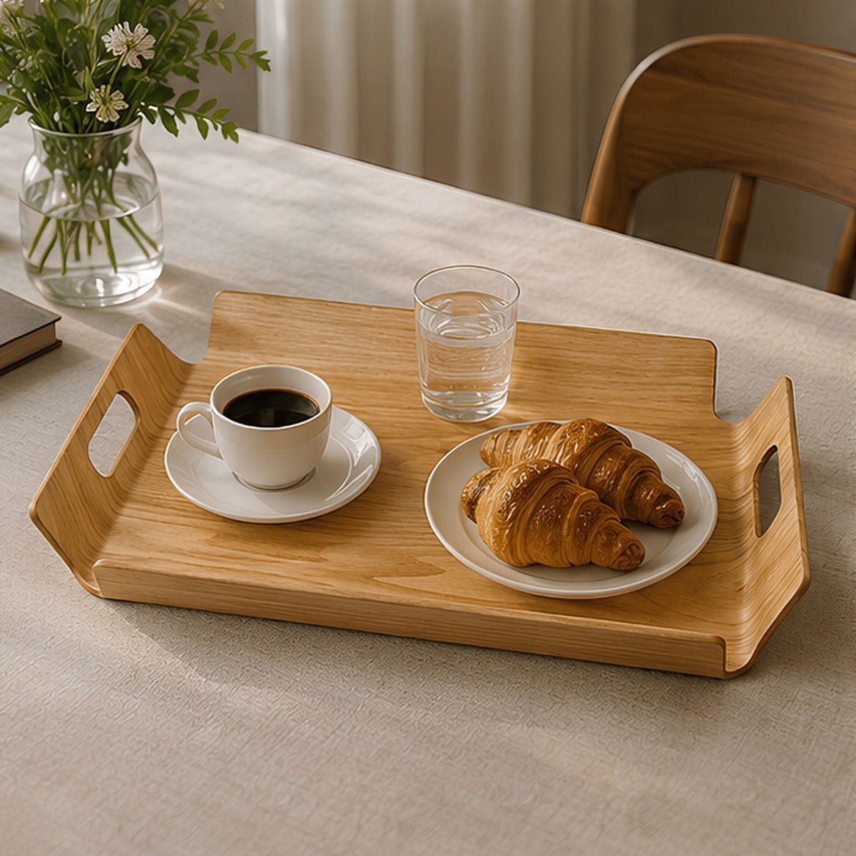 Keten masa örtüsünde kahve fincanı su bardağı ve kruvasan tabağı ile İskandinav stil ahşap kulplu tepsi small 39,5x28,5 cm