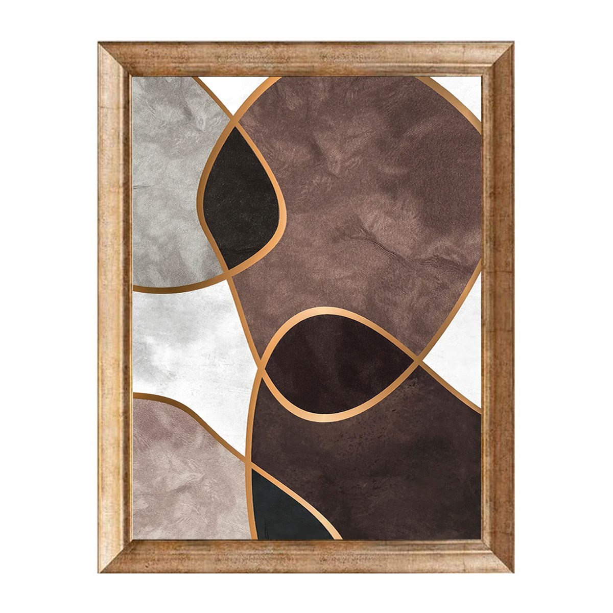 Eskitme çerçeveli kahve ve bej geometrik hatlı soyut tablo ab-1019 - Çamlıca Home