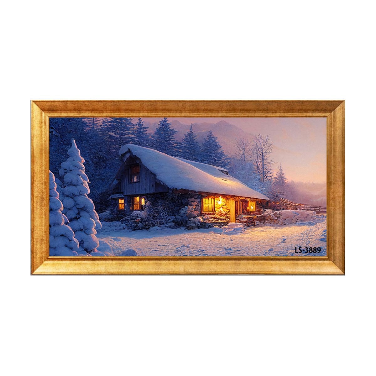 Altın çerçeveli karlı dağ evi ve kış ormanı yağlıboya dokulu tablo ls-3889 - Çamlıca Home