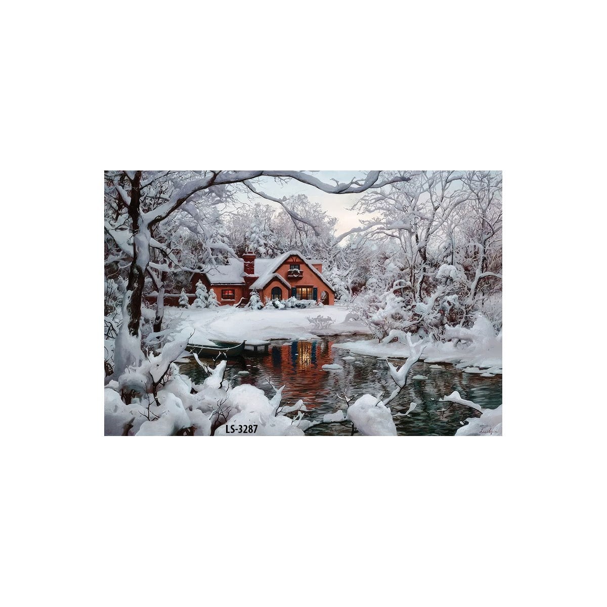 Dinlenme alanlarına huzur katan silinebilir kaliteli tuval karlı gölet evi manzaralı tablo ls-3287 Çamlıca Home