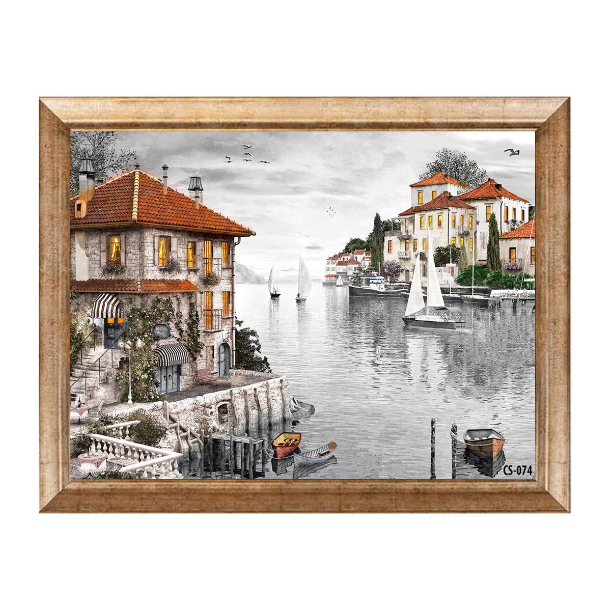 Eskitme çerçeveli sahil kasabası ve yelkenli tekneler tablosu cs-074 - Çamlıca Home