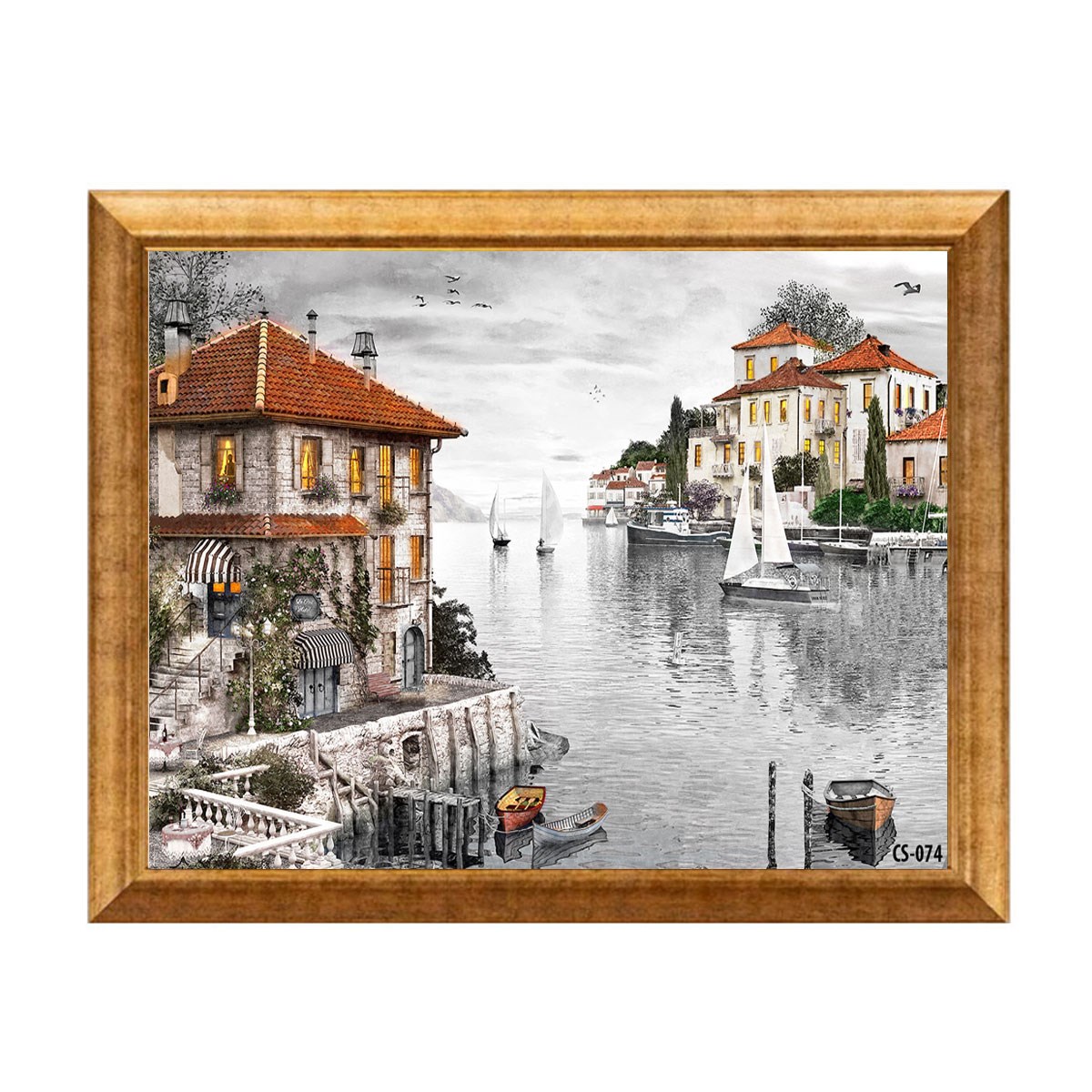 Altın çerçeveli sahil kasabası ve yelkenli tekneler tablosu cs-074 - Çamlıca Home