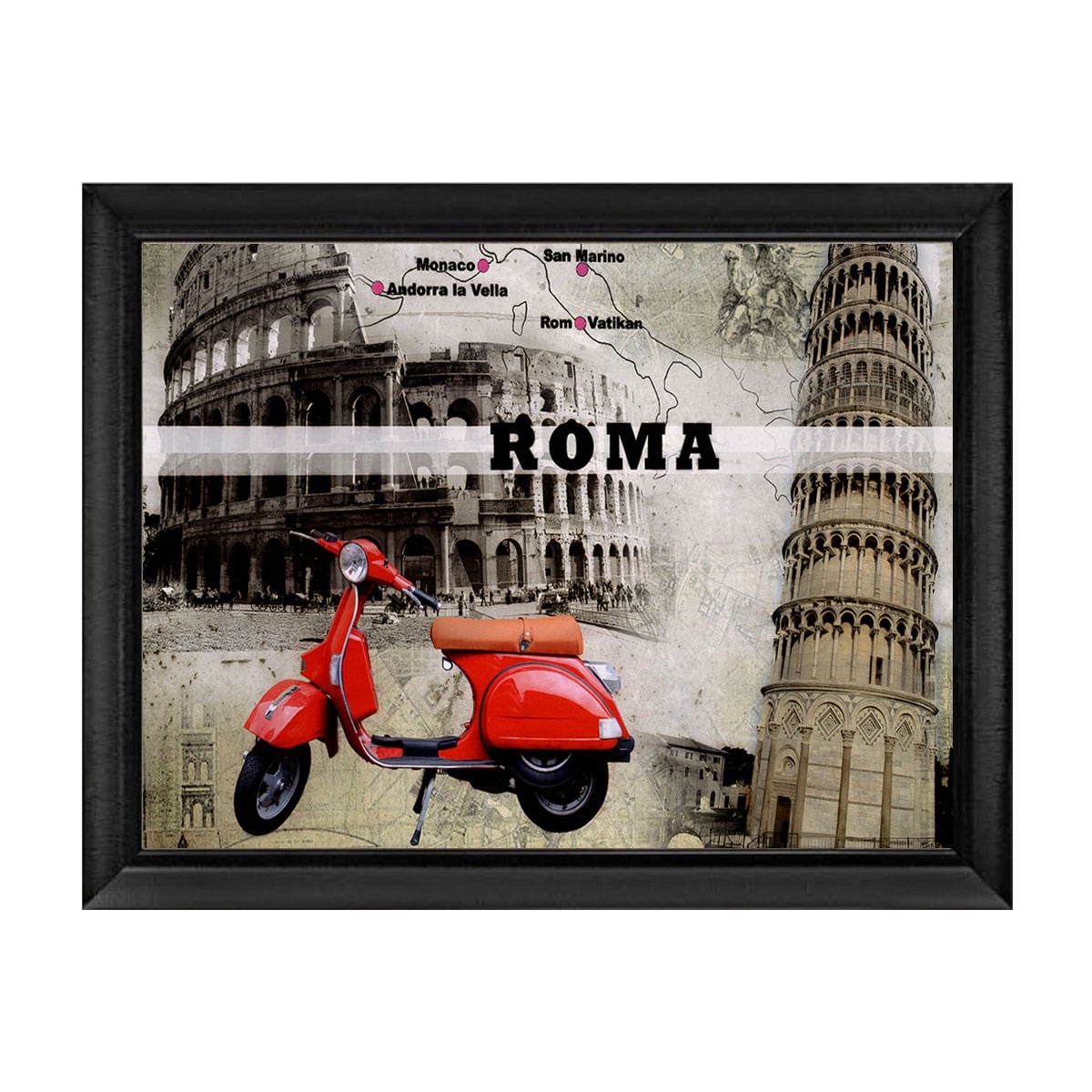 Siyah çerçeveli kırmızı Vespa ve Roma İtalya şehir temalı tablo ls-108 - Çamlıca Home