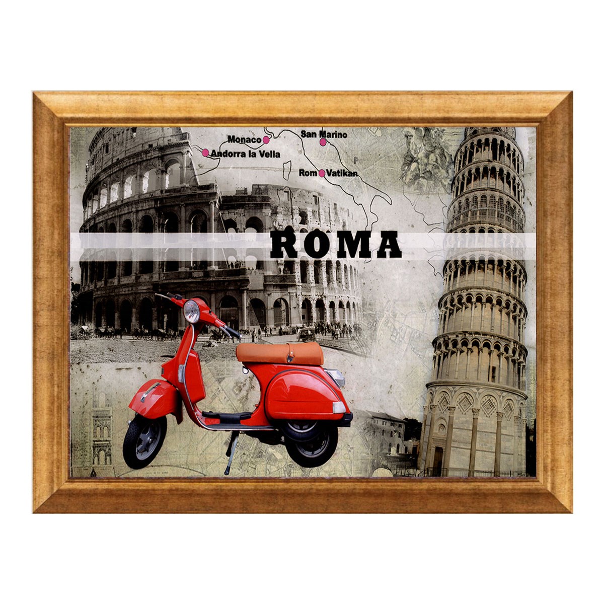 Altın çerçeveli kırmızı Vespa ve Roma İtalya şehir temalı tablo ls-108 - Çamlıca Home