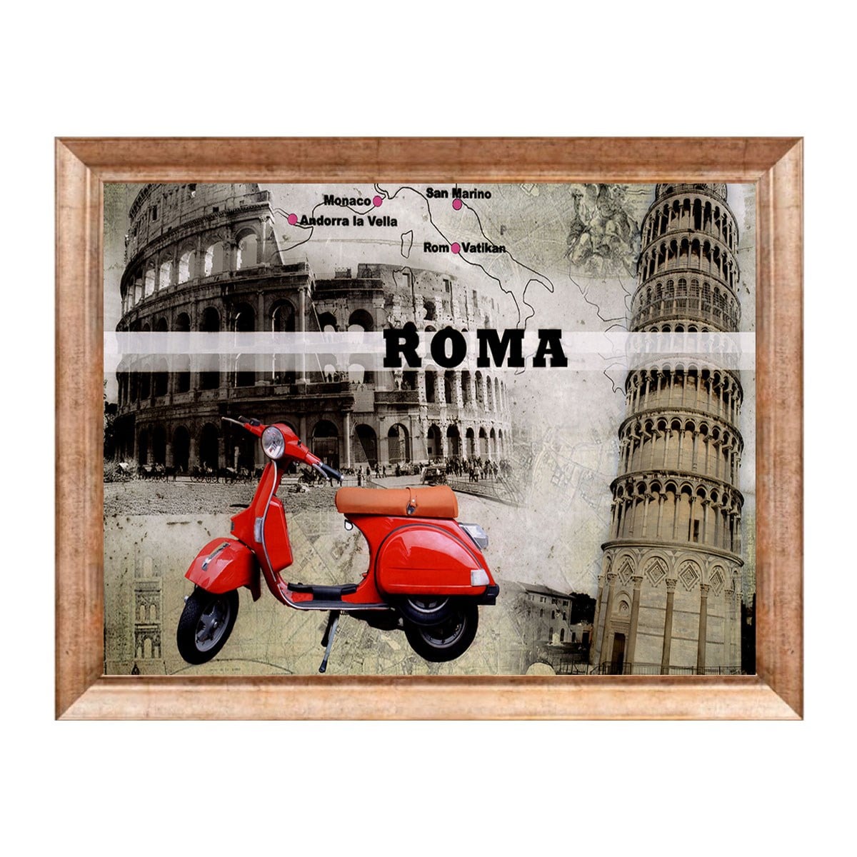 Eskitme çerçeveli kırmızı Vespa ve Roma İtalya şehir temalı tablo ls-108 - Çamlıca Home