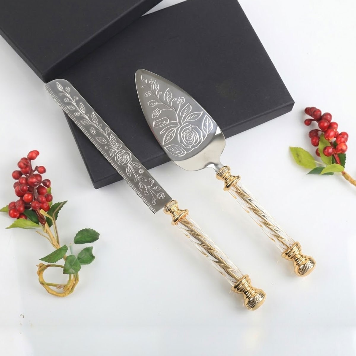 Çamlıca Home kristal burgu saplı altın detaylı gül desenli 2li pasta servis takımı