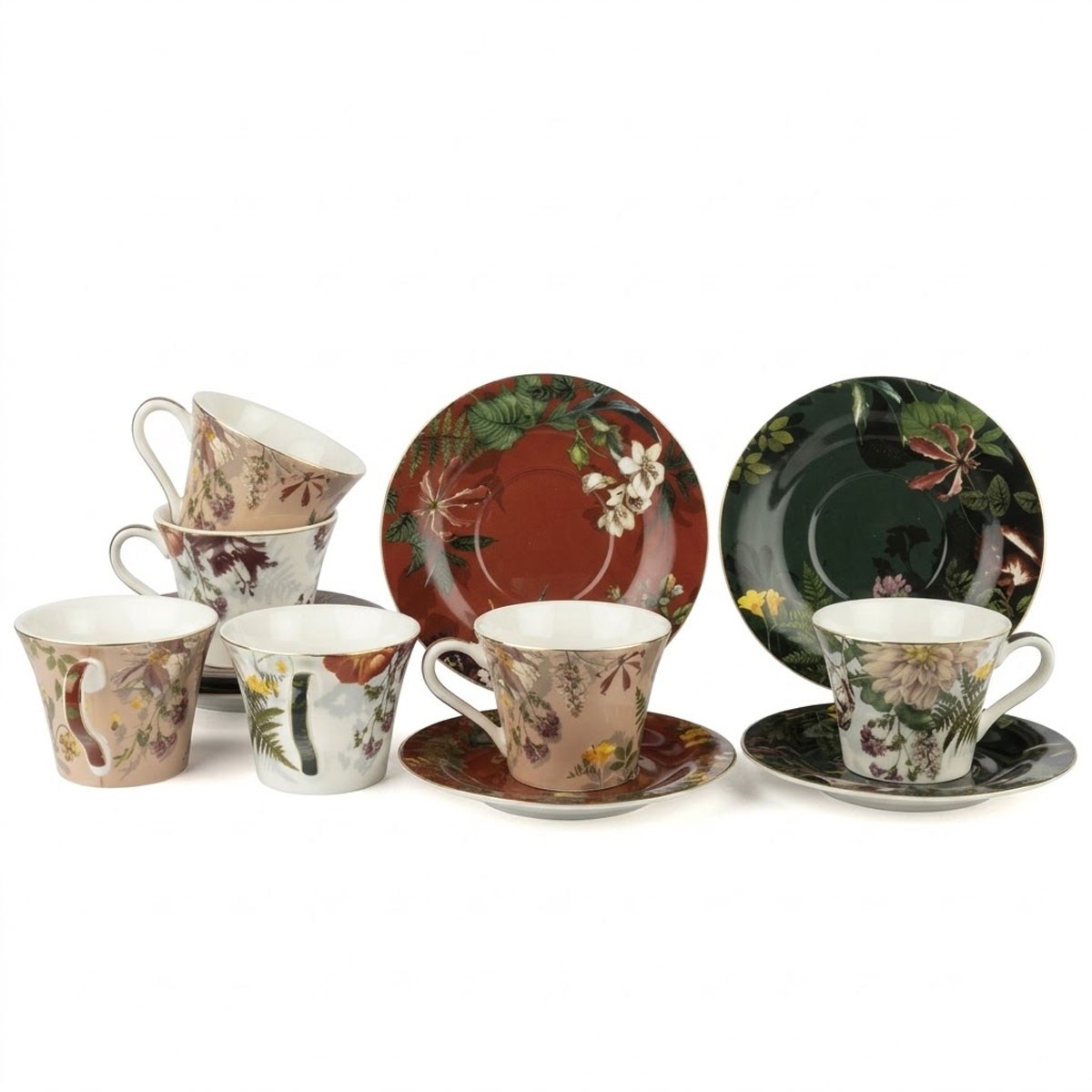 Çamlıca Home La Maison serisi vintage botanik çiçek desenli altın yaldızlı renkli tabaklı 6 kişilik 12 parça porselen Türk kahvesi ve espresso fincan takımı beyaz zemin ürün çekimi 90 cc