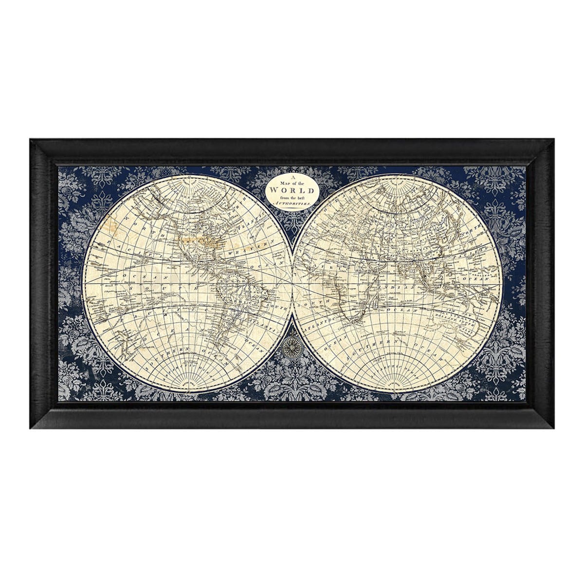 Koyu lacivert zeminle güçlü kontrast oluşturan mat siyah profilli 60x120 cm harita tablosu gn-2288 Çamlıca Home