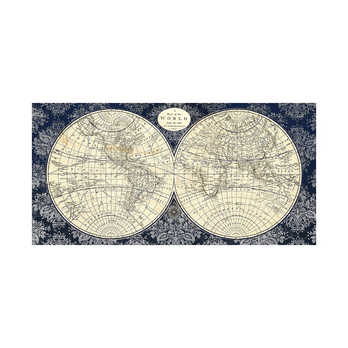 Lacivert damask desenli fon üzerinde çift küre antik dünya haritası tablo gn-2288 Çamlıca Home