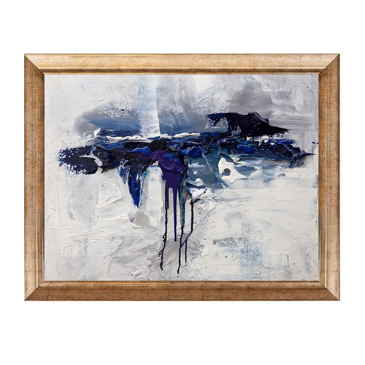 Eskitme çerçeveli lacivert ve mor boya dokulu modern soyut tablo ab-580 - Çamlıca Home