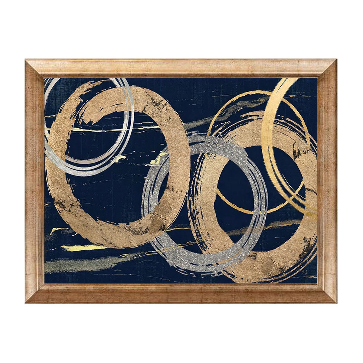 Eskitme çerçeveli lacivert zemin altın ve gümüş halka desenli modern tablo ab-1112 - Çamlıca Home