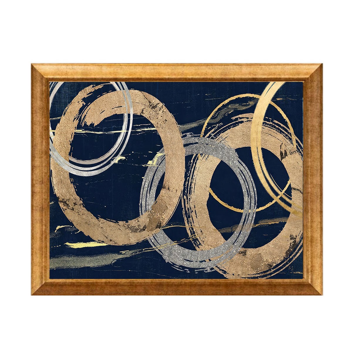 Altın çerçeveli lacivert zemin altın ve gümüş halka desenli modern tablo ab-1112 - Çamlıca Home