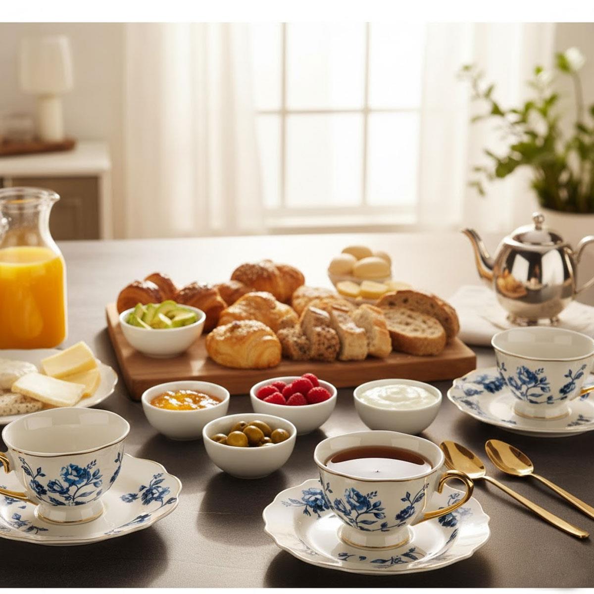 6 Kişilik Lena Porselen Fincan Seti, zengin ve keyifli sabah kahvaltısı sofrası düzeni.
