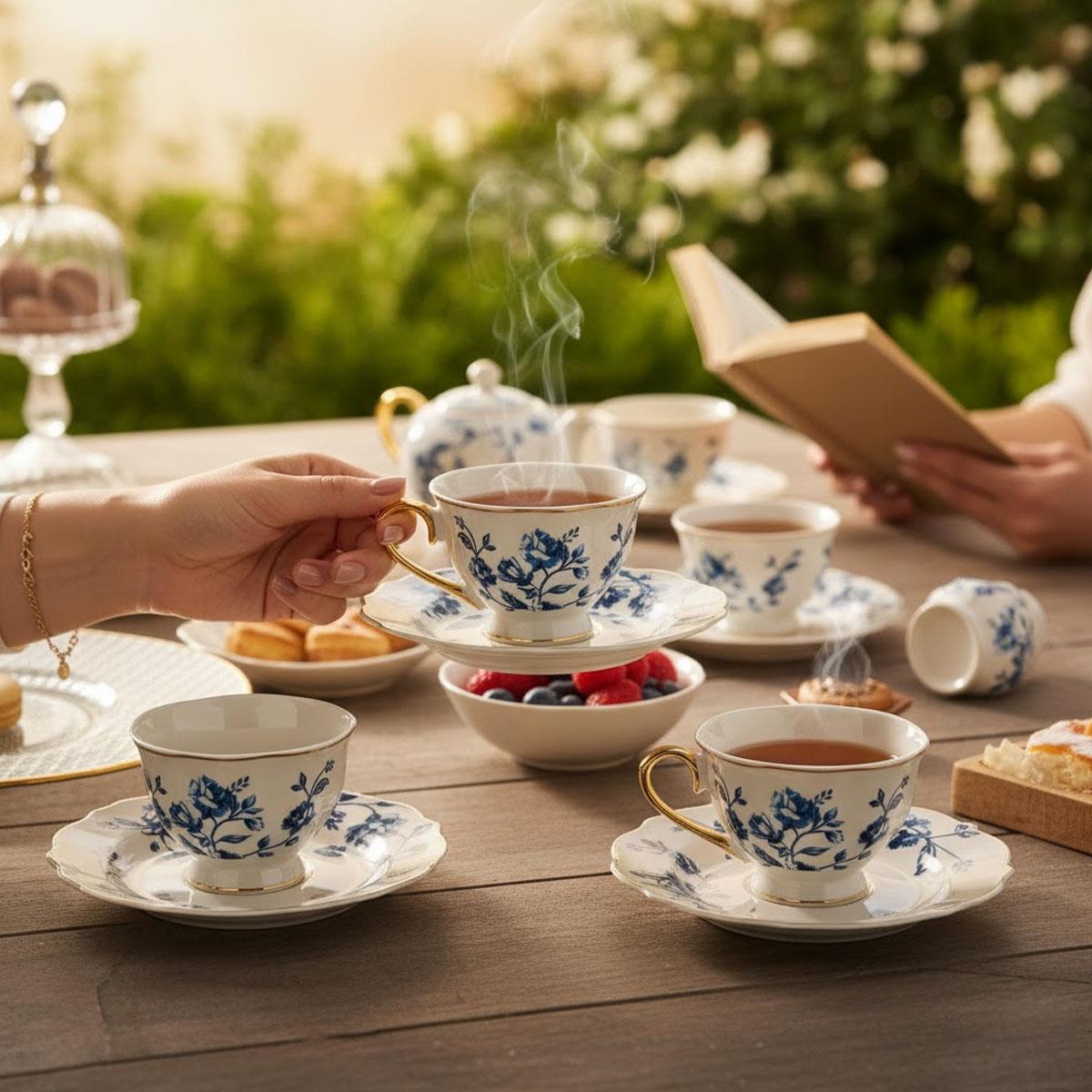 Lena Mavi Beyaz Fincan Takımı dış mekan keyfi, doğa temalı sohbet ve okuma anı.