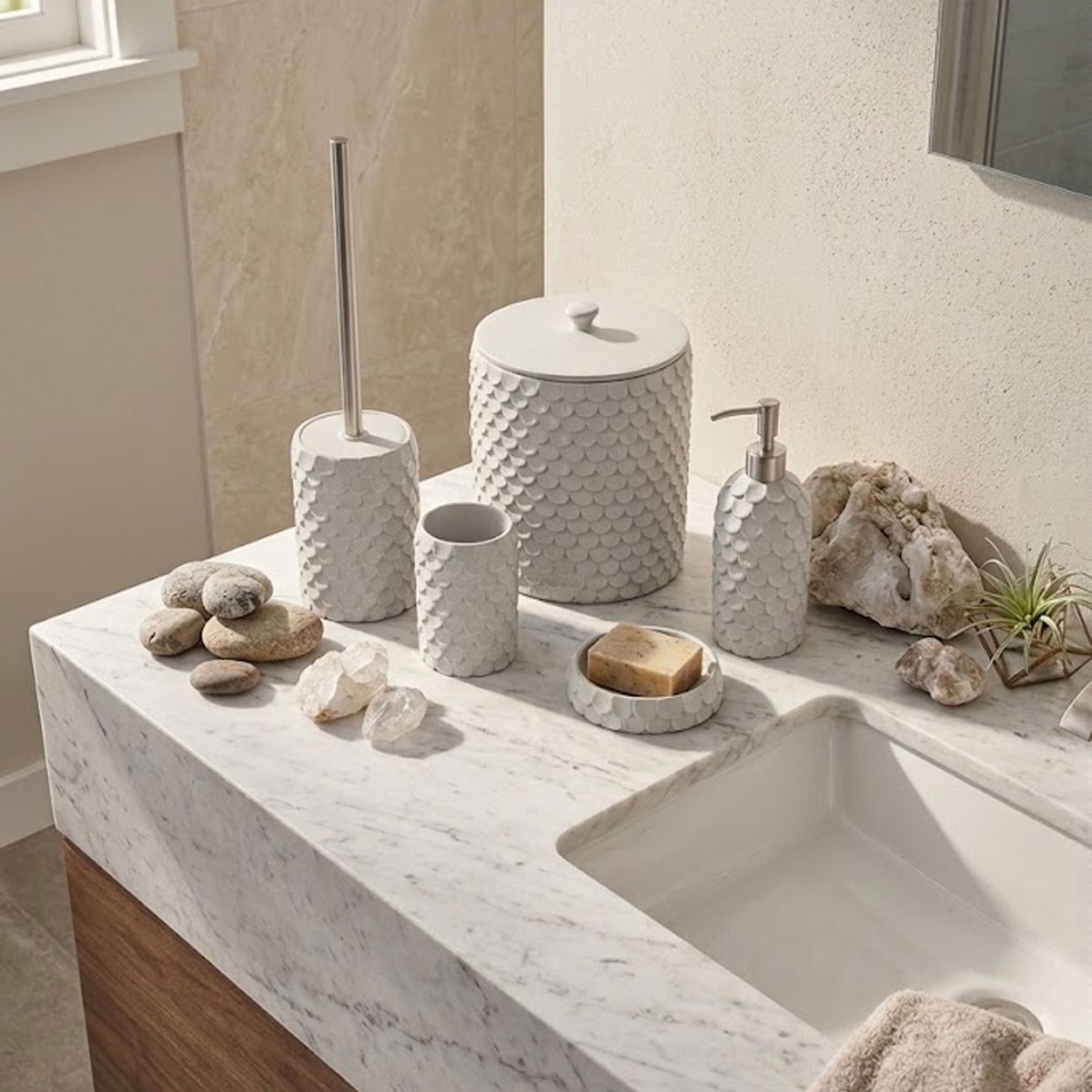 Çamlıca Home Lindy 5 Parça Gri Kabartmalı Banyo Aksesuar Seti Mermer Lavabo Tezgahı Konsept Görseli