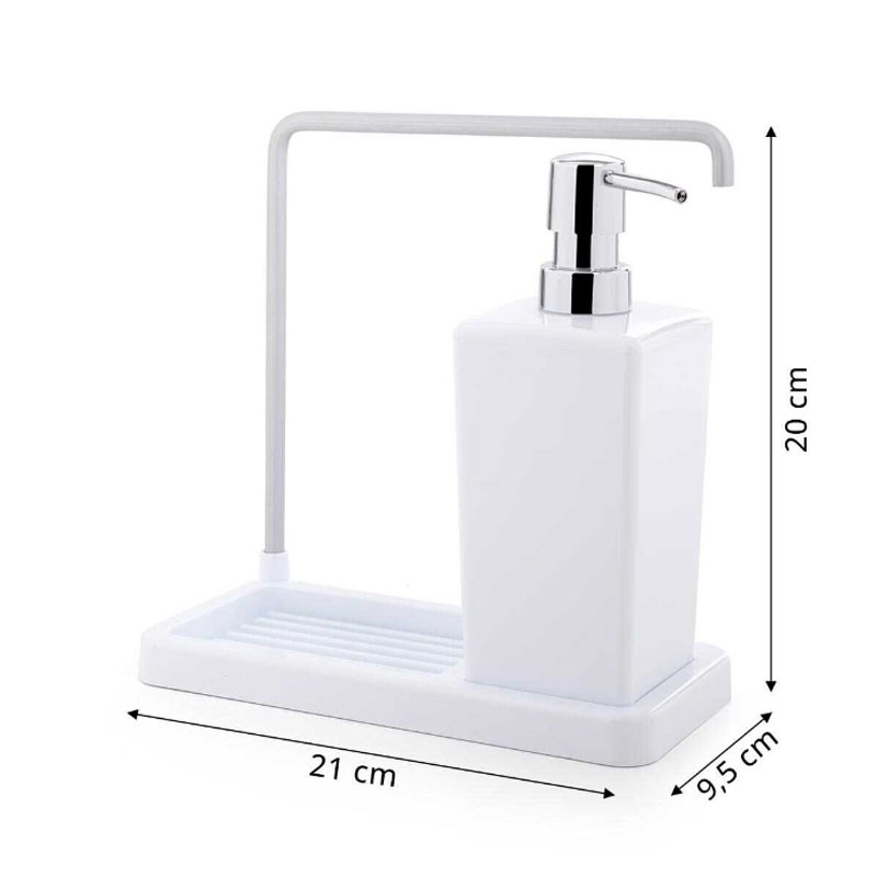 Luna beyaz mutfak sıvı sabunluk setinin 21 cm genişlik ve 20 cm yüksekliğini gösteren ölçü görseli