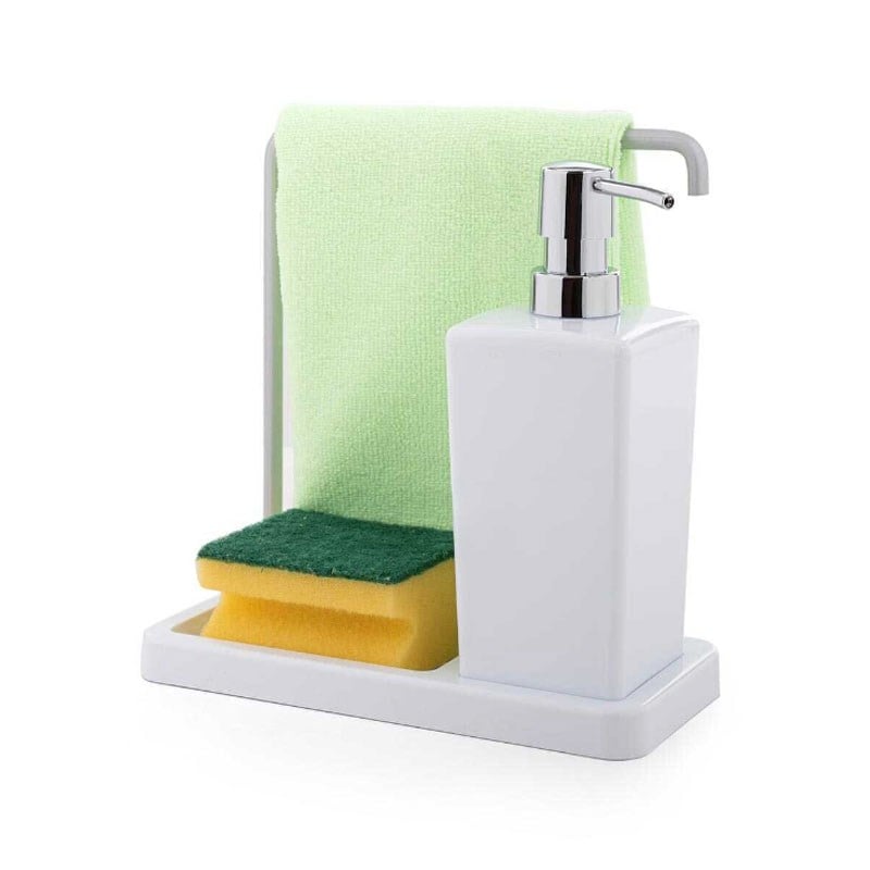 Luna beyaz mutfak sıvı sabunluk, süngerlik ve bez askısından oluşan şık mutfak organizer seti