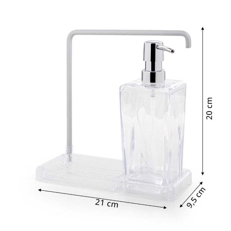 Luna şeffaf mutfak sıvı sabunluk setinin 21 cm genişlik, 9.5 cm derinlik ve 20 cm yükseklik ölçülerini gösteren görsel
