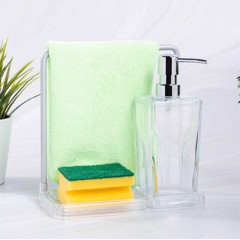 Luna şeffaf mutfak sıvı sabunluk seti, sünger ve yeşil mutfak havlusu ile tezgah üstü kullanımda