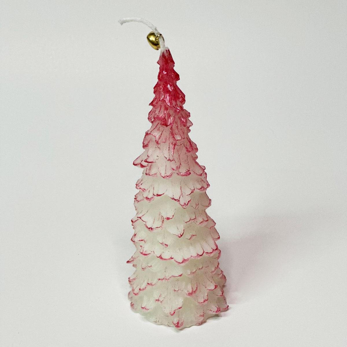 Lysia markalı, 14 cm yüksekliğinde, dikey, kırmızı ve beyaz geçişli, figürlü tekli çam ağacı mum. Klasik yılbaşı ve noel dekorasyonu mumu.
