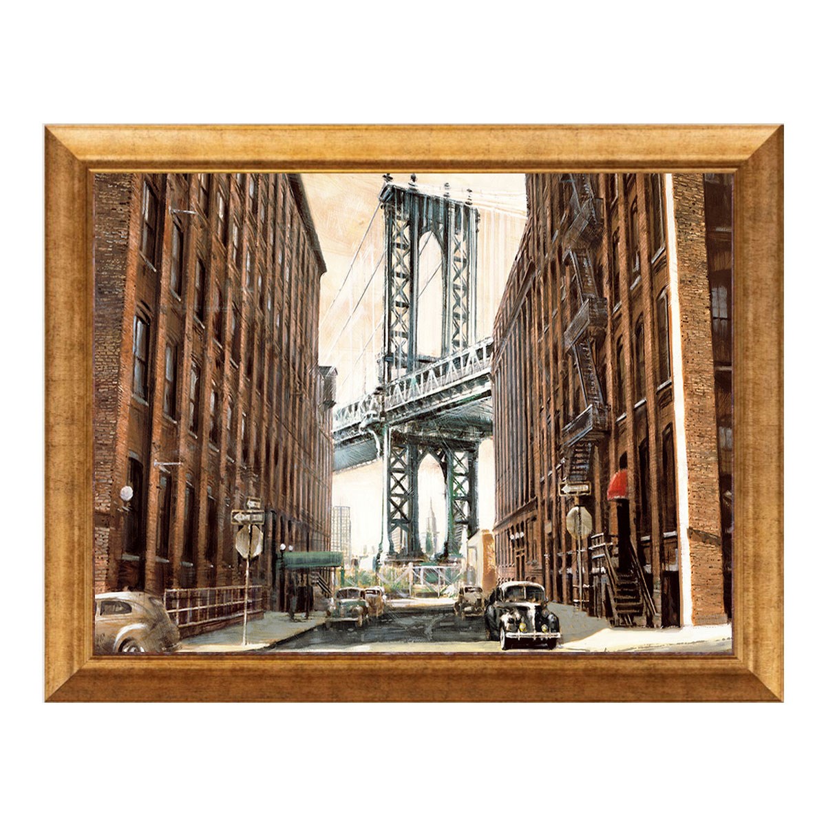 Altın çerçeveli Manhattan köprüsü ve nostaljik New York sokak tablosu ls-094 - Çamlıca Home