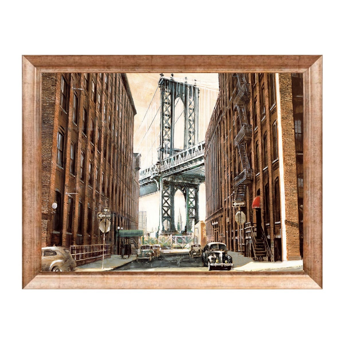 Eskitme çerçeveli Manhattan köprüsü ve nostaljik New York sokak tablosu ls-094 - Çamlıca Home