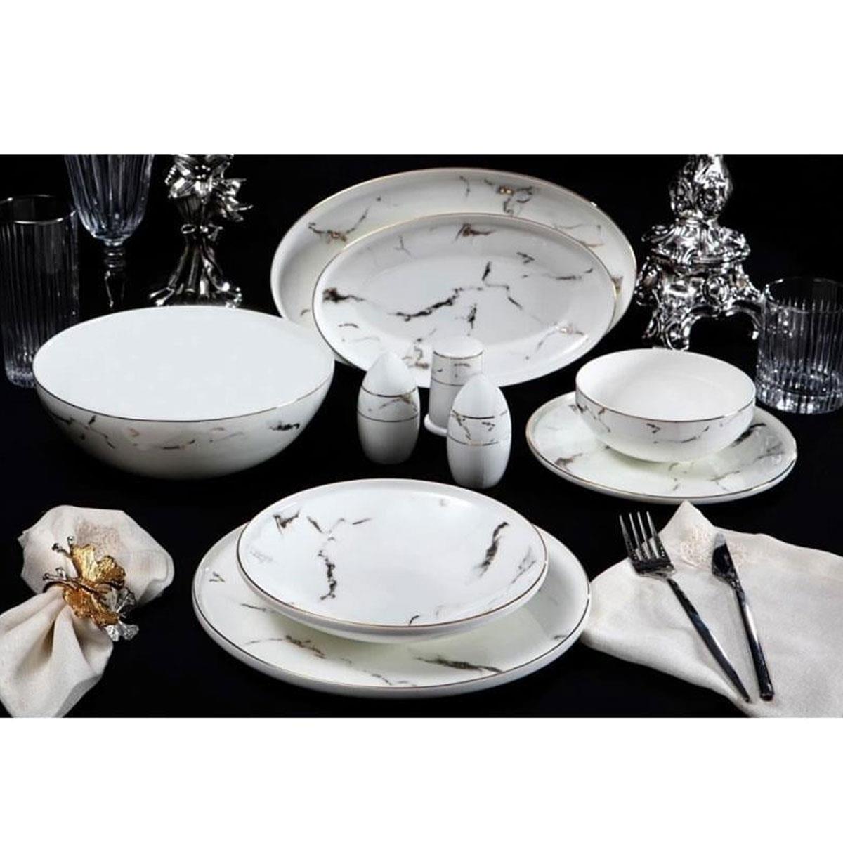 Massimo Marble Gold 56 parça yemek takımı. Beyaz porselen üzerinde siyah mermer desenleri ve gold kenar detaylı, 12 kişilik lüks sofra seti. (MS-5610)