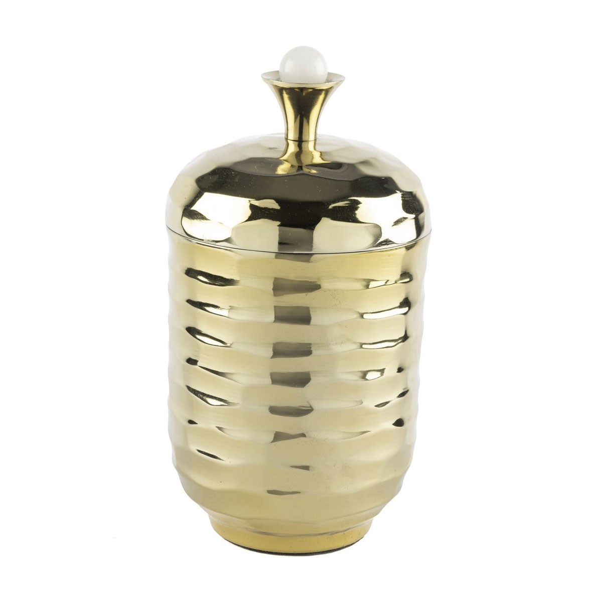 Çamlıca Home parlak altın sarısı gold kaplama dalgalı dövme dokulu inci detaylı döküm tutamaçlı silindirik kapaklı metal şekerlik ve dekoratif kutu beyaz zemin ürün çekimi 14x23 cm