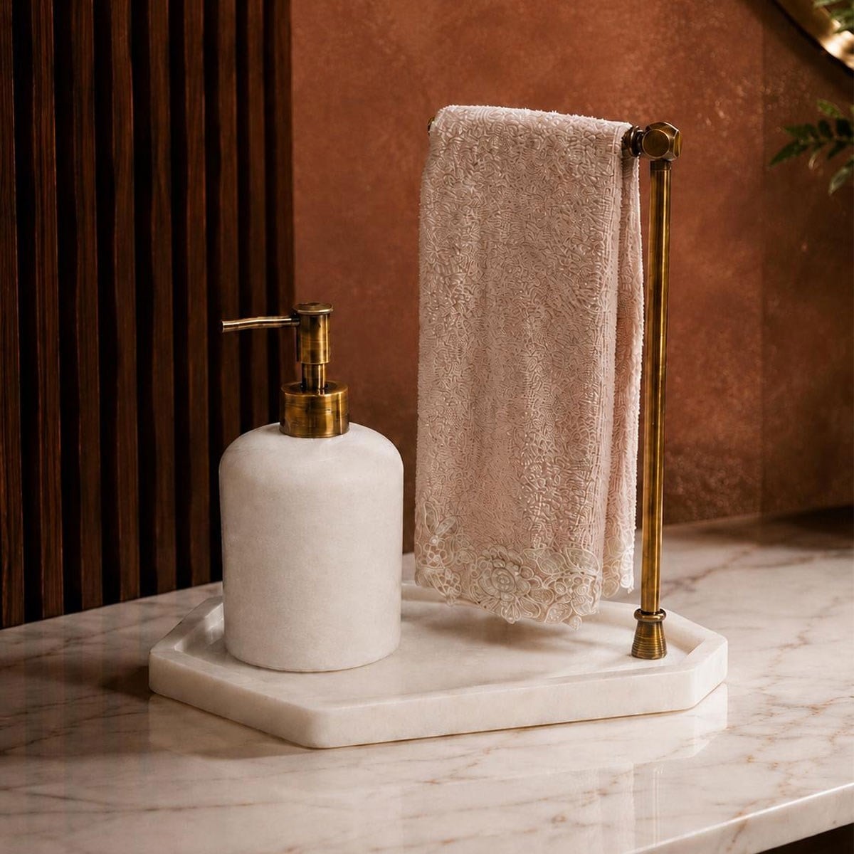 Mermer Standlı Sıvı Sabunluk ve Havluluk Banyo Seti 21x30x30 cm - Seta Bianca