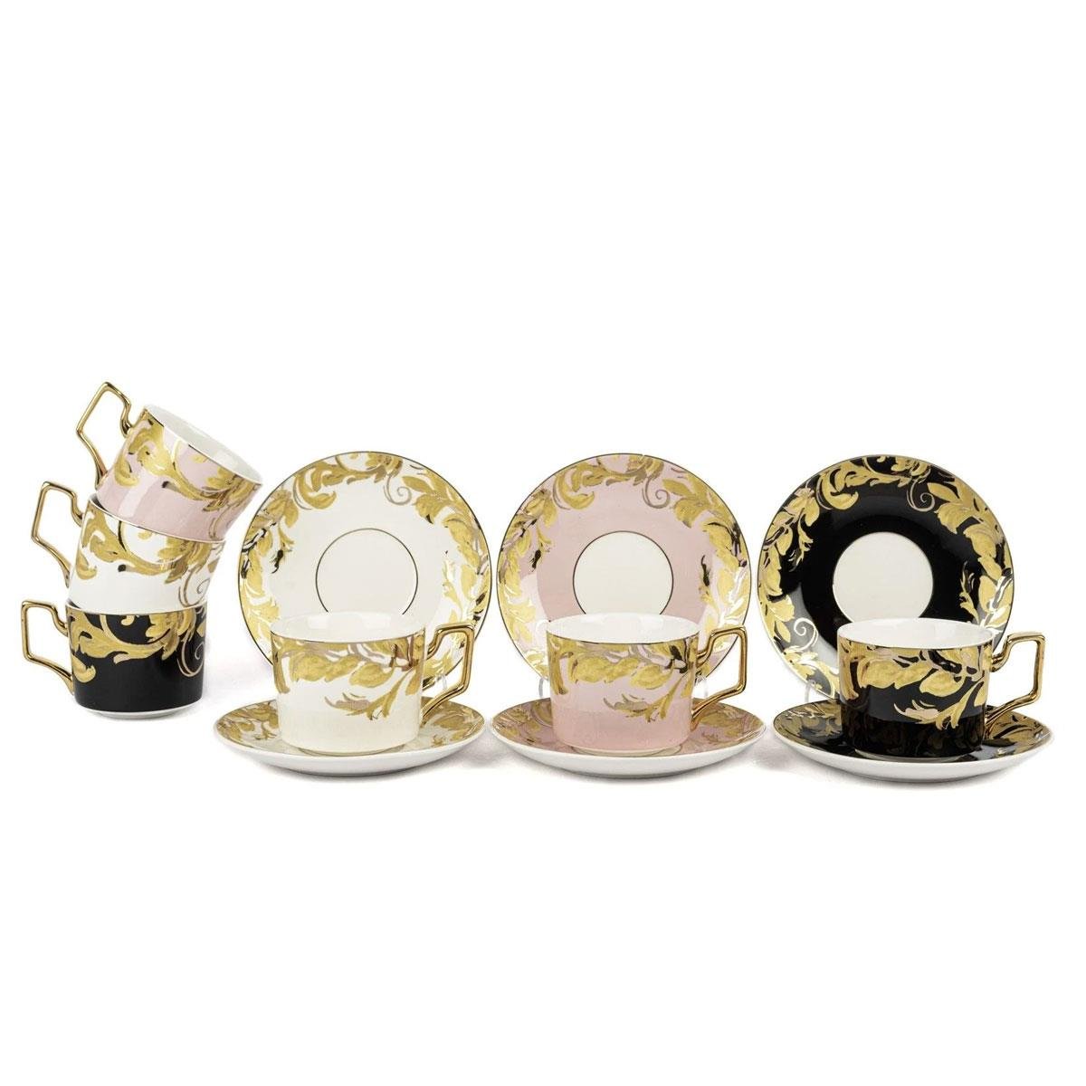 Mikasa Moor Elegance Gold Desenli Porselen 6 Kişilik Çay Fincanı Seti, Siyah Beyaz ve Pembe Renkler - Çamlıca Home