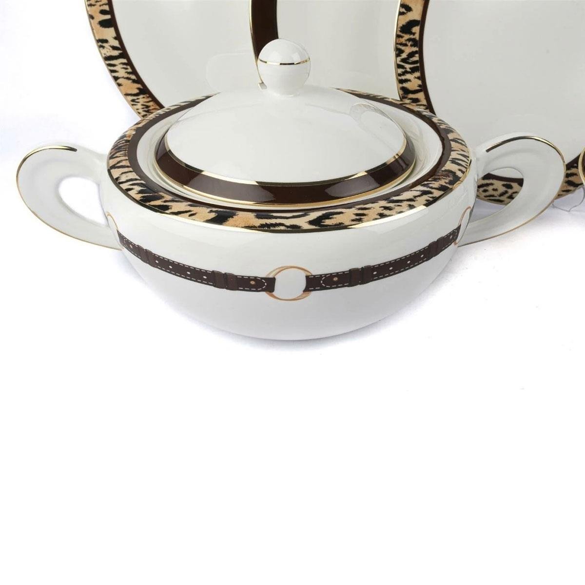 Mikasa Moor Leo 74 parça yemek setinden tabak ve kase detayları. Leopar ve kahverengi kemer desenli, lüks porselen sofra takımı.