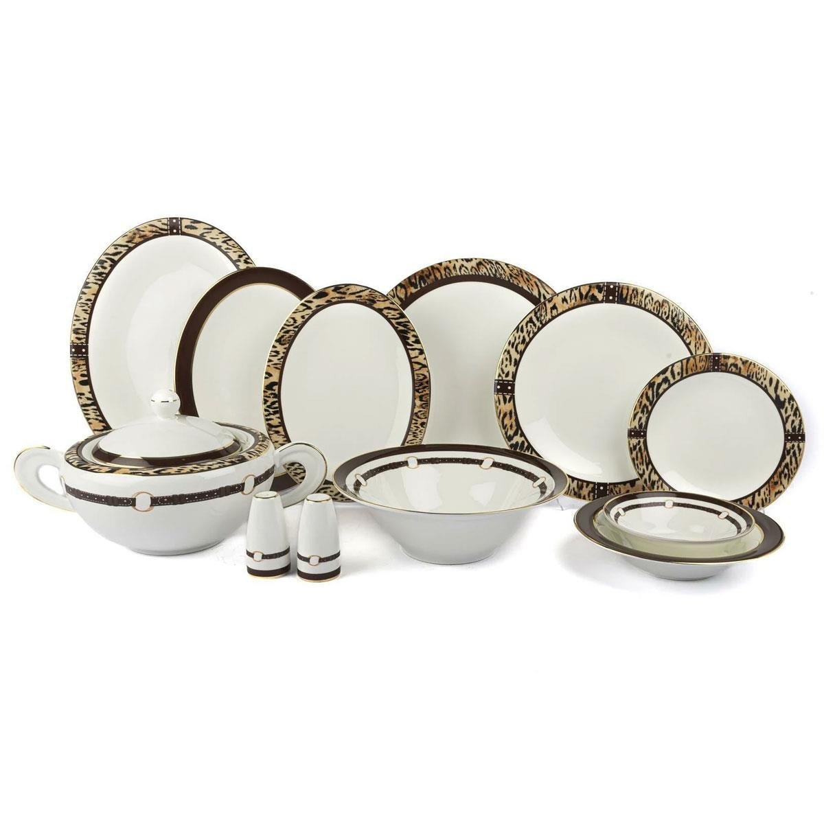 Mikasa Moor Leo 74 parça 12 kişilik yemek takımı. Leopar desenli porselen, kahverengi ve altın detaylı lüks sofra seti.