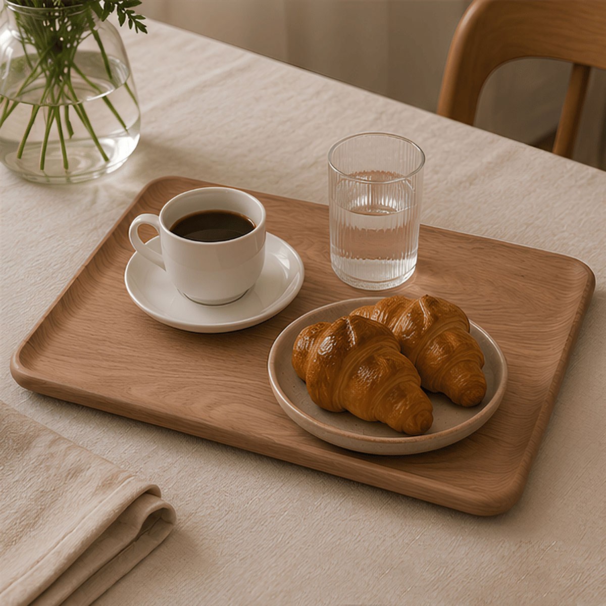 Keten masa örtüsünde kahve fincanı su bardağı ve kruvasan tabağı ile minimalist ahşap sunum tepsisi large 39x27 cm